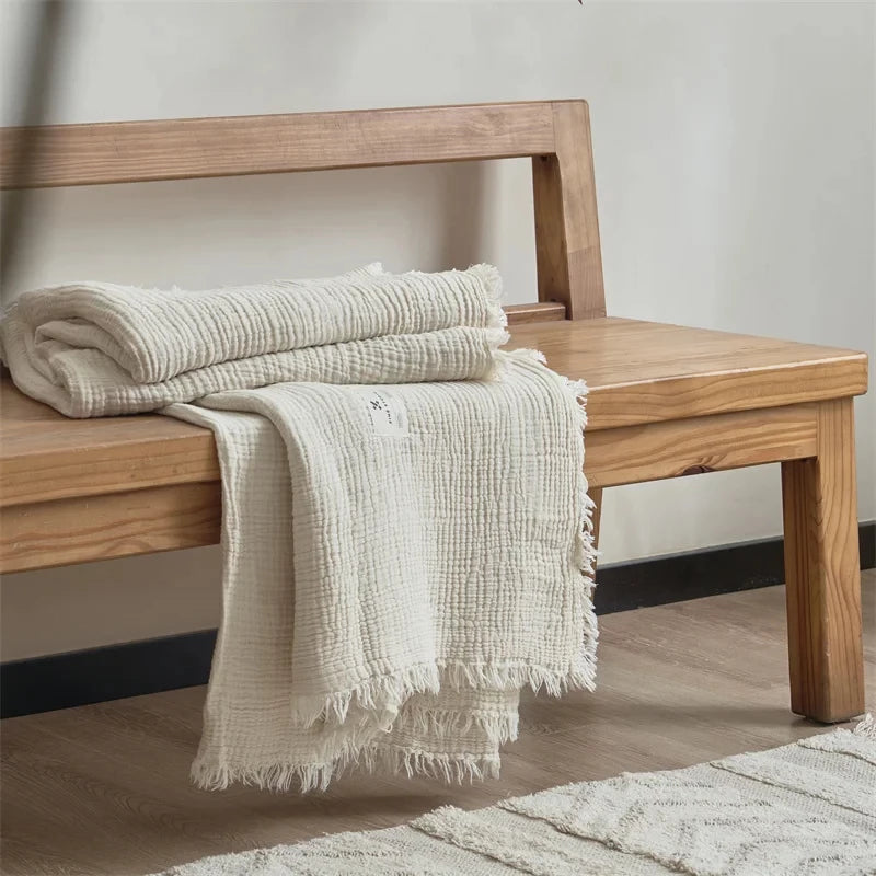 White Premium Waffle Textured Fringe Throw Blanket – Soft Cotton Gauze Boho Blanket for Sofa & Bed