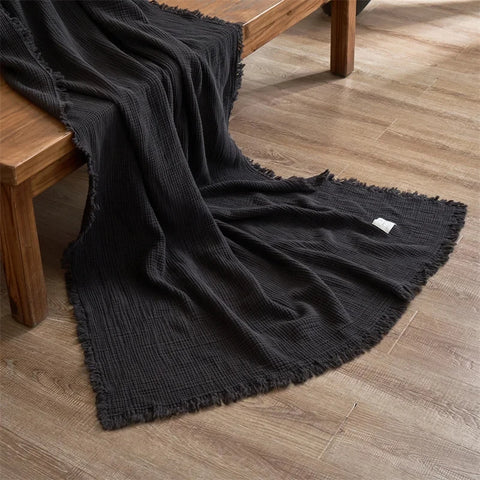 Dull Grey Premium Waffle Textured Fringe Throw Blanket – Soft Cotton Gauze Boho Blanket for Sofa & Bed
