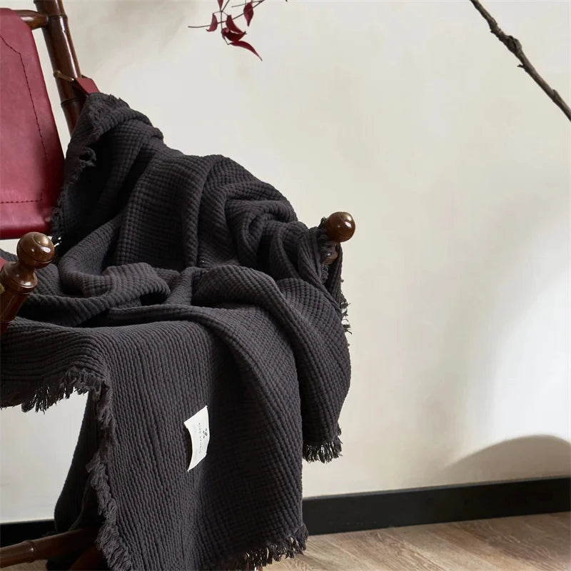 Dull Grey Premium Waffle Textured Fringe Throw Blanket – Soft Cotton Gauze Boho Blanket for Sofa & Bed