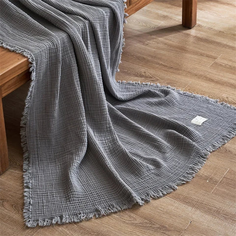 Soot Blue Premium Waffle Textured Fringe Throw Blanket – Soft Cotton Gauze Boho Blanket for Sofa & Bed