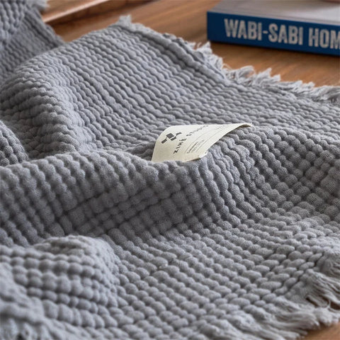 Soot Blue Premium Waffle Textured Fringe Throw Blanket – Soft Cotton Gauze Boho Blanket for Sofa & Bed