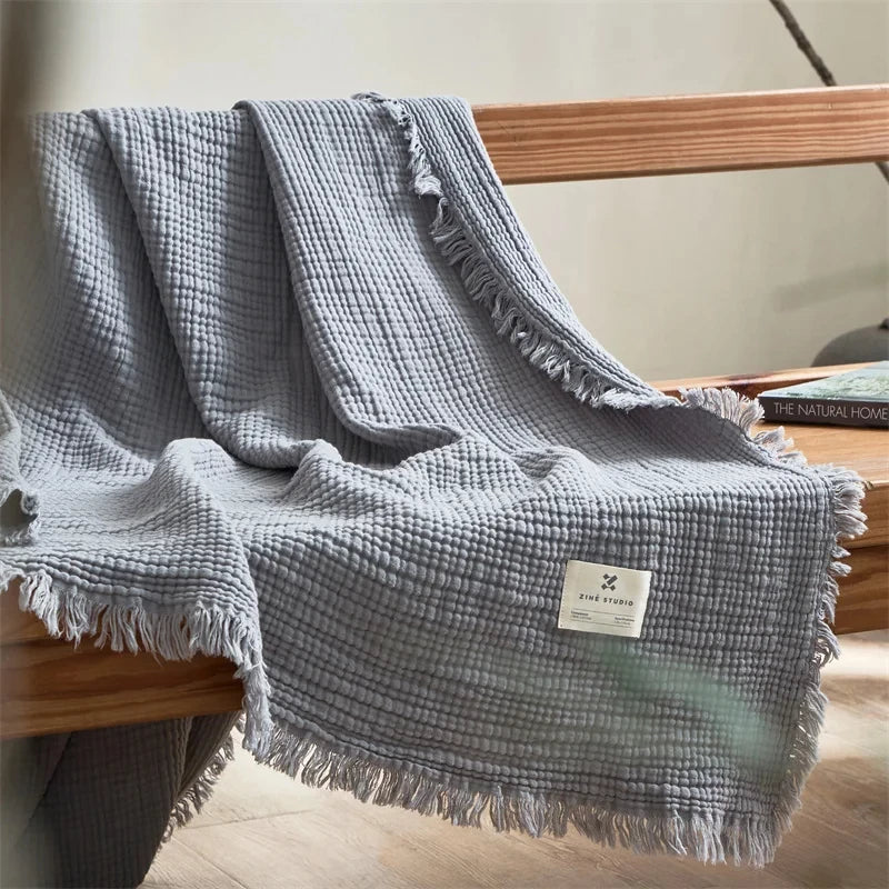 Soot Blue Premium Waffle Textured Fringe Throw Blanket – Soft Cotton Gauze Boho Blanket for Sofa & Bed