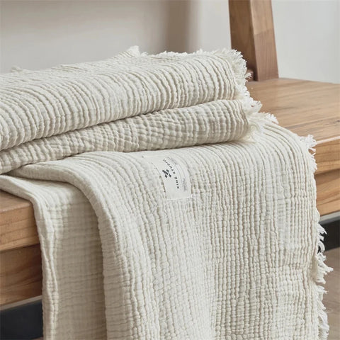White Premium Waffle Textured Fringe Throw Blanket – Soft Cotton Gauze Boho Blanket for Sofa & Bed
