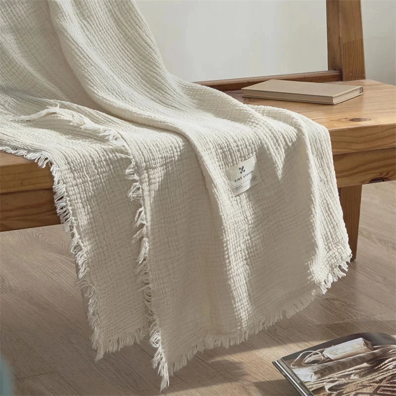 White Premium Waffle Textured Fringe Throw Blanket – Soft Cotton Gauze Boho Blanket for Sofa & Bed