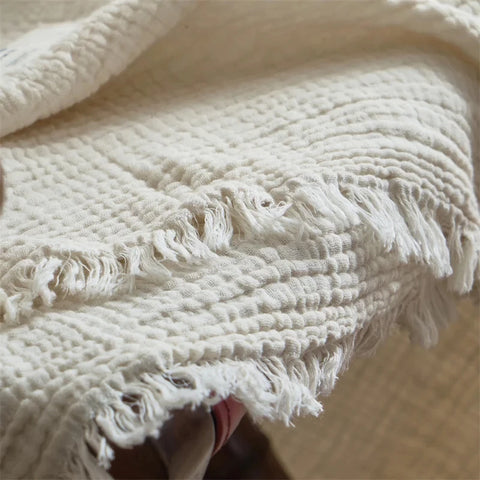White Premium Waffle Textured Fringe Throw Blanket – Soft Cotton Gauze Boho Blanket for Sofa & Bed