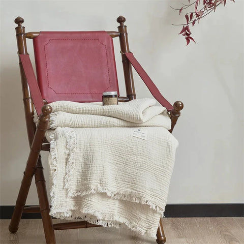 White Premium Waffle Textured Fringe Throw Blanket – Soft Cotton Gauze Boho Blanket for Sofa & Bed