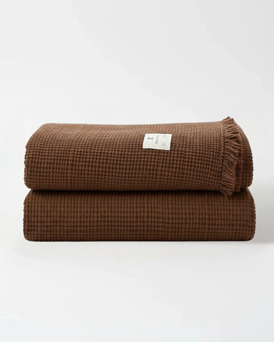 Brown Premium Waffle Textured Fringe Throw Blanket – Soft Cotton Gauze Boho Blanket for Sofa & Bed
