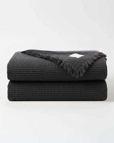 Dull Grey Premium Waffle Textured Fringe Throw Blanket – Soft Cotton Gauze Boho Blanket for Sofa & Bed