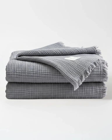 Soot Blue Premium Waffle Textured Fringe Throw Blanket – Soft Cotton Gauze Boho Blanket for Sofa & Bed