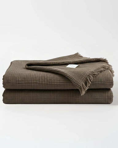 Dark Green Premium Waffle Textured Fringe Throw Blanket – Soft Cotton Gauze Boho Blanket for Sofa & Bed