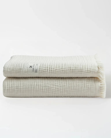 White Premium Waffle Textured Fringe Throw Blanket – Soft Cotton Gauze Boho Blanket for Sofa & Bed