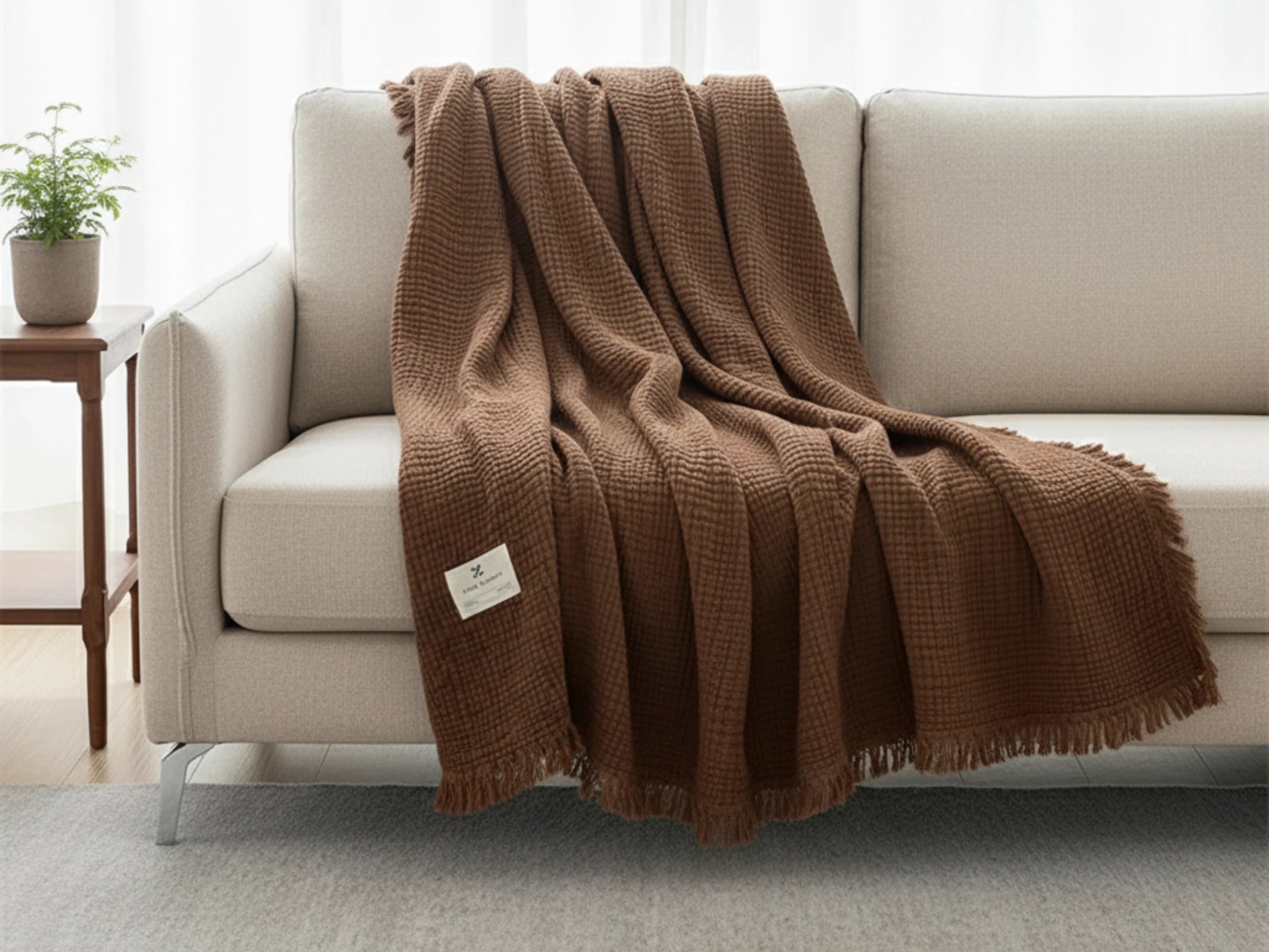 Brown Premium Waffle Textured Fringe Throw Blanket – Soft Cotton Gauze Boho Blanket for Sofa & Bed
