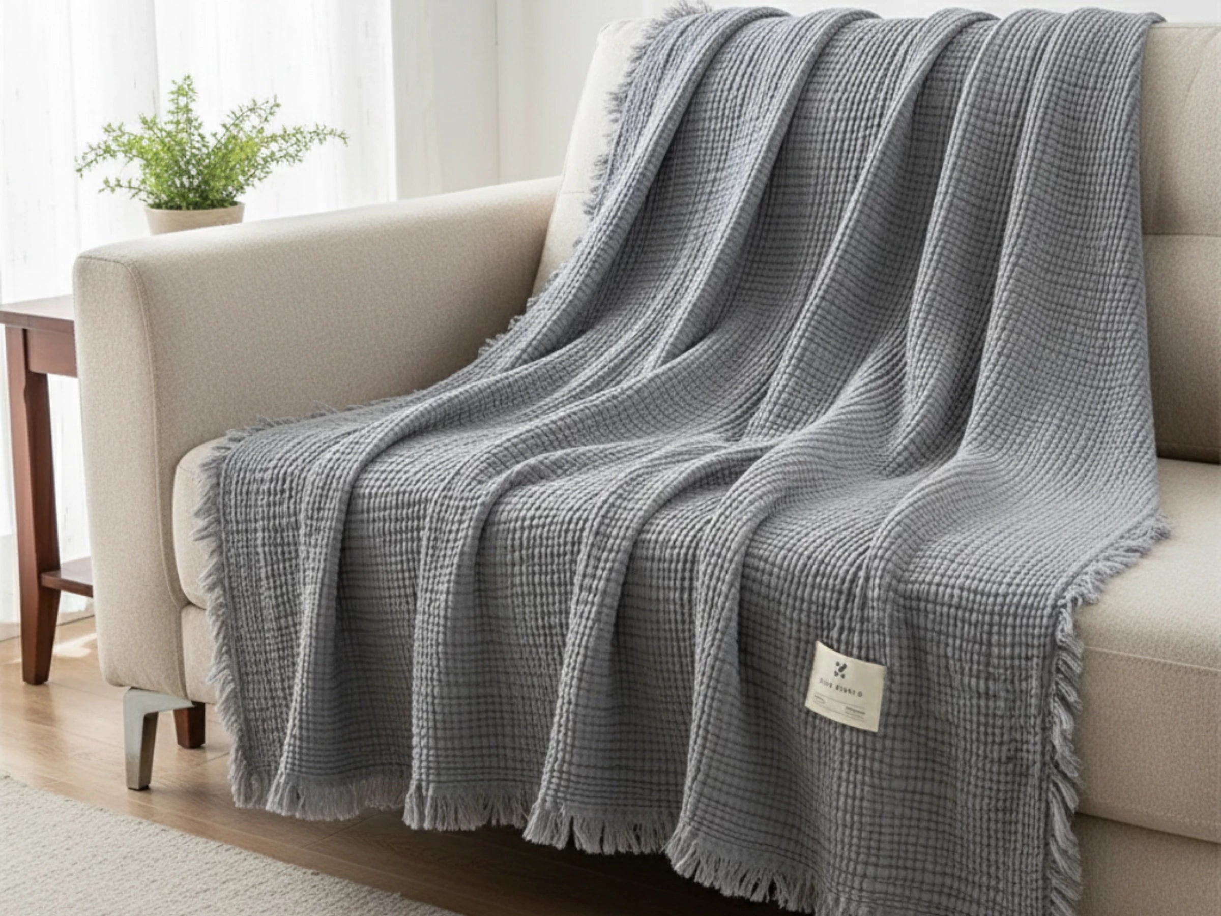 Soot Blue Premium Waffle Textured Fringe Throw Blanket – Soft Cotton Gauze Boho Blanket for Sofa & Bed