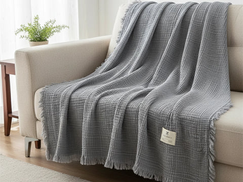 Soot Blue Premium Waffle Textured Fringe Throw Blanket – Soft Cotton Gauze Boho Blanket for Sofa & Bed