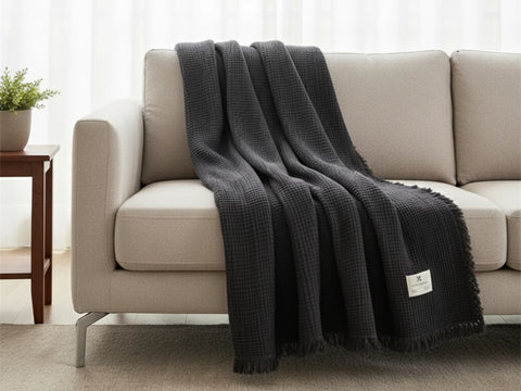 Dull Grey Premium Waffle Textured Fringe Throw Blanket – Soft Cotton Gauze Boho Blanket for Sofa & Bed