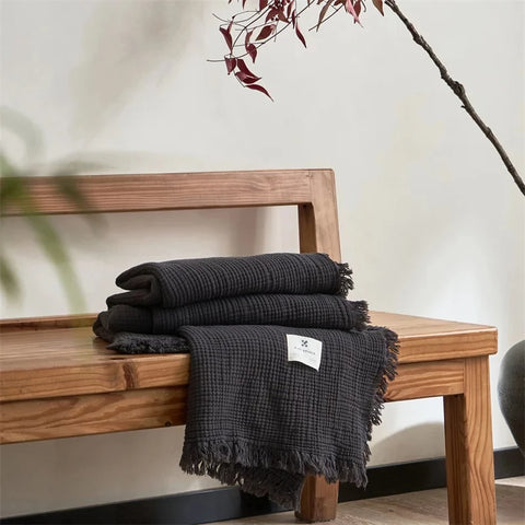 Dark Green Premium Waffle Textured Fringe Throw Blanket – Soft Cotton Gauze Boho Blanket for Sofa & Bed