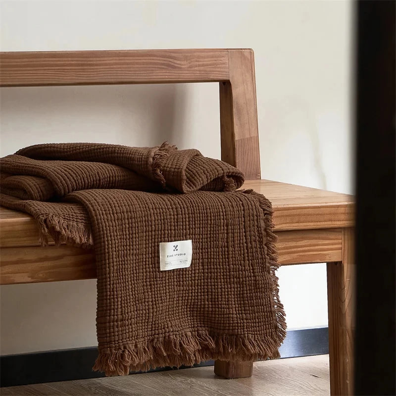 Dark Green Premium Waffle Textured Fringe Throw Blanket – Soft Cotton Gauze Boho Blanket for Sofa & Bed