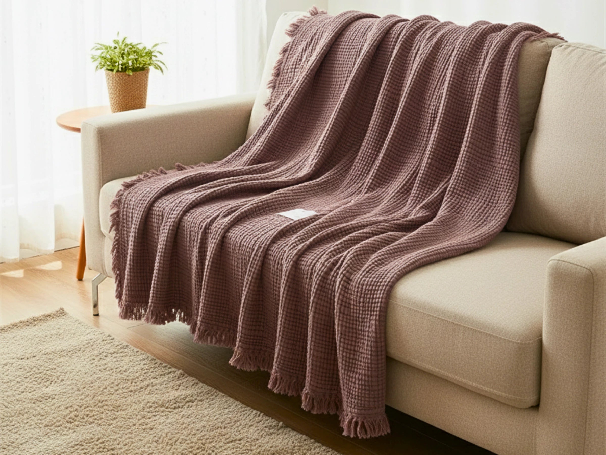 Deep Purple Premium Waffle Textured Fringe Throw Blanket – Soft Cotton Gauze Boho Blanket for Sofa & Bed