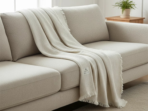 White Premium Waffle Textured Fringe Throw Blanket – Soft Cotton Gauze Boho Blanket for Sofa & Bed