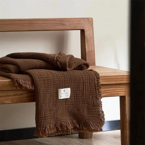 Dark Green Premium Waffle Textured Fringe Throw Blanket – Soft Cotton Gauze Boho Blanket for Sofa & Bed