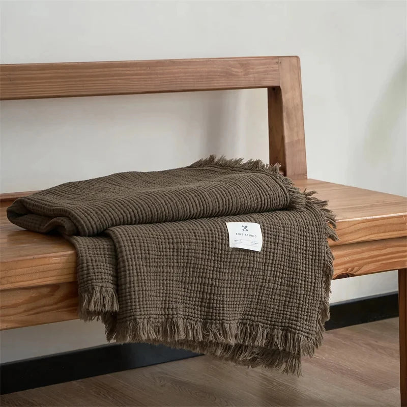Dark Green Premium Waffle Textured Fringe Throw Blanket – Soft Cotton Gauze Boho Blanket for Sofa & Bed