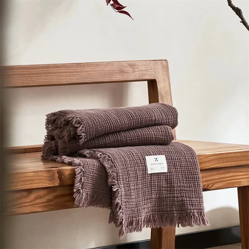 Dark Green Premium Waffle Textured Fringe Throw Blanket – Soft Cotton Gauze Boho Blanket for Sofa & Bed