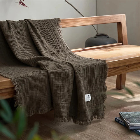 Dark Green Premium Waffle Textured Fringe Throw Blanket – Soft Cotton Gauze Boho Blanket for Sofa & Bed