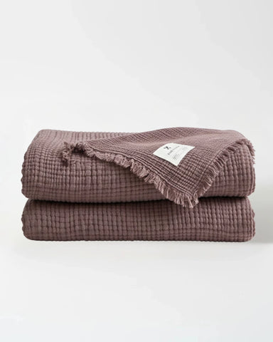 Deep Purple Premium Waffle Textured Fringe Throw Blanket – Soft Cotton Gauze Boho Blanket for Sofa & Bed
