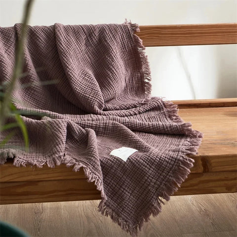Deep Purple Premium Waffle Textured Fringe Throw Blanket – Soft Cotton Gauze Boho Blanket for Sofa & Bed