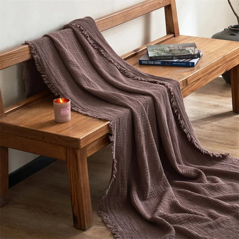 Deep Purple Premium Waffle Textured Fringe Throw Blanket – Soft Cotton Gauze Boho Blanket for Sofa & Bed