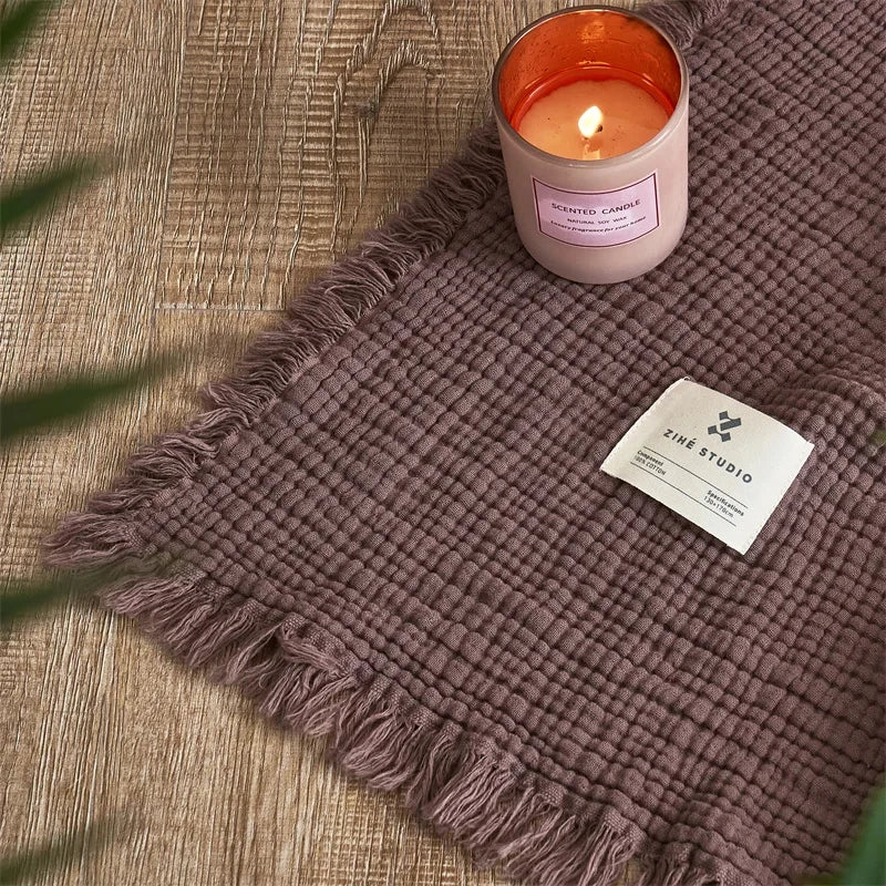 Deep Purple Premium Waffle Textured Fringe Throw Blanket – Soft Cotton Gauze Boho Blanket for Sofa & Bed