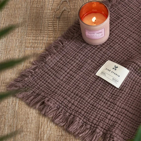 Deep Purple Premium Waffle Textured Fringe Throw Blanket – Soft Cotton Gauze Boho Blanket for Sofa & Bed