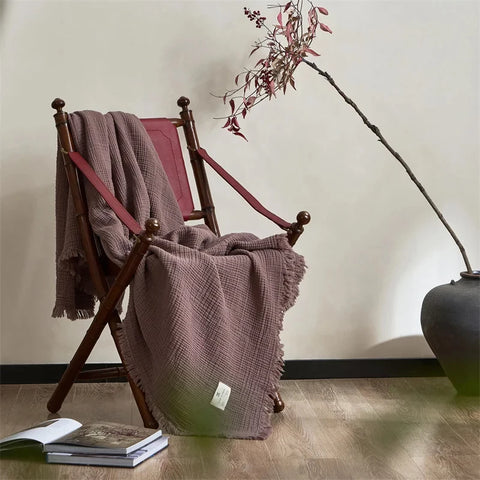 Deep Purple Premium Waffle Textured Fringe Throw Blanket – Soft Cotton Gauze Boho Blanket for Sofa & Bed